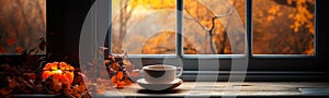 Cup of cappucino resting on window sill with a fall mountain country veiw banner - generative AI photo
