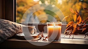 Candle and mug resting on window sill with a fall mountain country veiw - generative AI photo