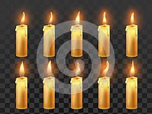 Candle fire animation. Burning orange wax candles, candlelight flame and animated fire flames isolated realistic vector symbol