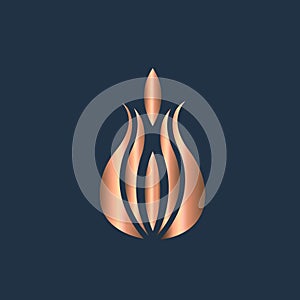 Candle fire lotus flower logo isolated on dark background. Shiny metallic color.