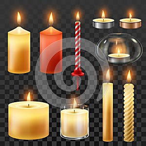 Candle fire. Wax candles for xmas party, romantic heat candlelight and flaming nightlight vector symbol photo