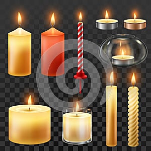 Candle fire. Wax candles for xmas party, romantic heat candlelight and flaming nightlight isolated vector symbol