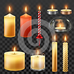 Candle fire. Wax candles for xmas party, romantic heat candlelight and flaming nightlight vector symbol