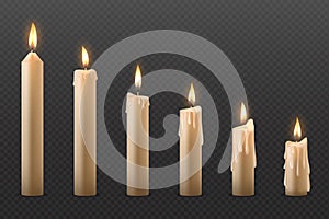 Candle flame. Burning realistic 3D wax candle, different Christmas birthday church and party glowing candles. Vector