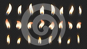 Candle flame. Realistic fire light effects for birthday cake burning candle. Vector candlelight set isolated on