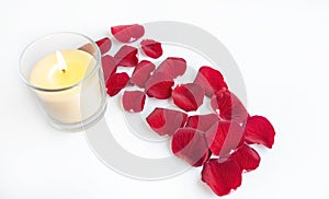 A candle flame with scattered red rose petals is lit on a white background.