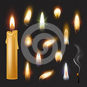 Candle flame vector fired flaming candlelight and flammable fire light illustration fiery flamy realistic set bright