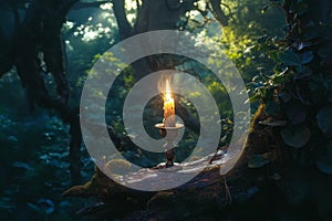 Candle flickers amidst mystical forest, evoking occult enchantment
