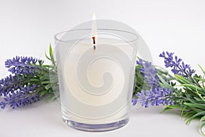 Candle in glass on white background with lavender, product mock-up