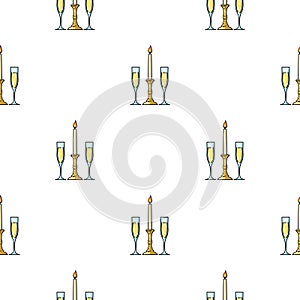 Candle between glasses with champagne icon in cartoon style isolated on white background. Restaurant pattern stock
