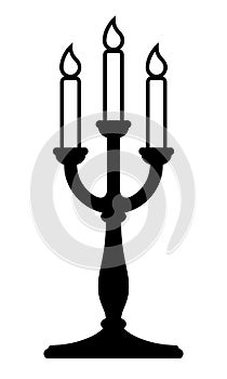 candle holder, black and white vector silhouette illustration of candlestick with three burning candles