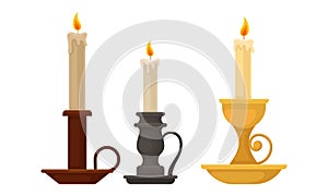 Candle Holder or Candelabrum with Burning Candle Rested in It Vector Set