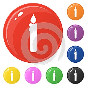 Candle icons set 8 colors isolated on white. Collection of glossy round colorful buttons. Vector illustration for any design