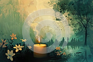 Candle illuminating a dreamy canvas with whimsical flora and distant silhouettes in a contemplative dusk