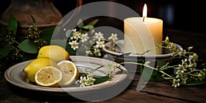 Candle, lemon slices and flowers on a wooden table, AI
