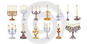 Candle light in vintage candlesticks, victorian classic holders designs set. Ancient metal candelabra, old traditional