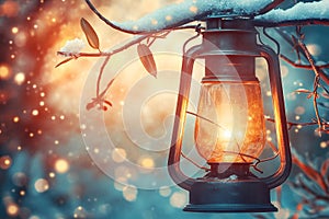 Candle-Lit Lantern Hanging on Snow-Covered Tree Branch photo