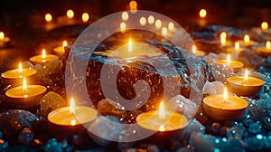 A candle lit stone with candles on it