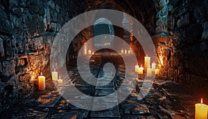 Candle-lit stone corridor in an ancient underground passageway