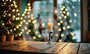 A candle is lit on a table in front of a Christmas tree. The candle is in the center of the table.