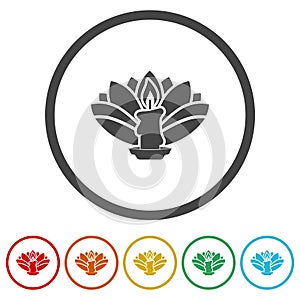 Candle and lotus symbol icon. Set icons in color circle buttons