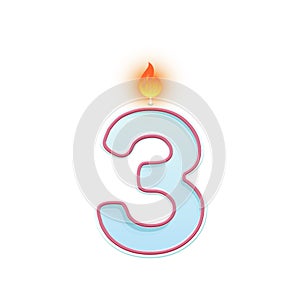 Candle number three. 3 symbol. Burning candle. Cartoon realistic vector candle number for Birthday cakes