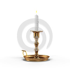 Candle in the old candlestick isolated on white. 3D illustration