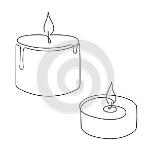 Candle one-line art,stylized continuous contour, burning skied ball.Hand-drawn drawing outline, candlelight fire,flame,holiday