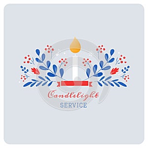 Candle and Ornaments Christmas Eve Candlelight Service Invitation. Scandinavian Style Vector Design
