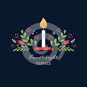 Candle and Ornaments Christmas Eve Candlelight Service Invitation. Vector Design