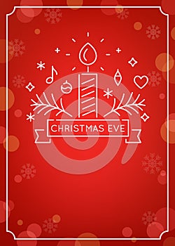 Candle and Ornaments Outline. Christmas Eve Candlelight Service Invitation. Line Art Vector Design and Festive Bokeh