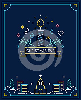 Candle and Ornaments, Winter Town and Church Outline. Christmas Eve Candlelight Service Invitation. Line Art Vector
