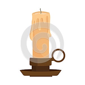 Candle from paraffin wax in candlestick isolated on white background. Extinguished candle with a holder in cartoon style