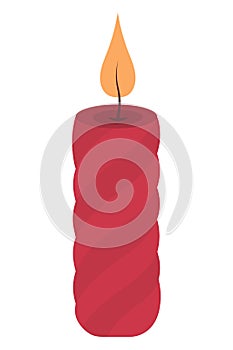 The candle is red twisted. A magical attribute. Burning orange flame. Color vector illustration. Isolated background. Flat style.
