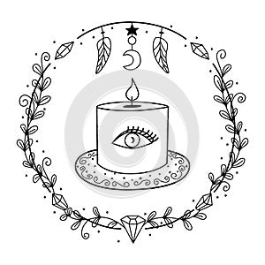 Candle for the rite of fortune telling. Witch candle symbols. Occultism, magic