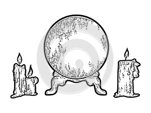 Candle sketch and magic ball. Hand drawn vector illustration.