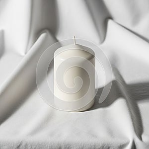 Candle with a smooth surface is positioned on a draped, white