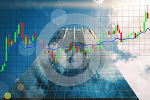 Candle trade graph growth chart of financial business and economic stock market price with mirror building tower and blue sky