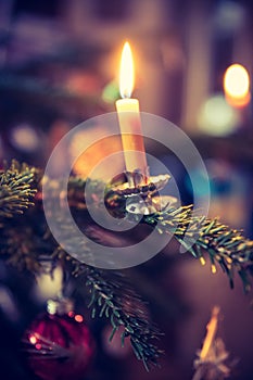 Candle on traditional decorated Christmas tree, evening