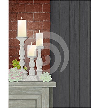 Candle Trio brick wall succulents copy space