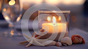 Romantic Beach Dinner Table Setting with Candle, Seashells and Starfish