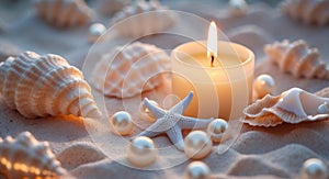 Candlelight and seashell still life with pearls and starfish on sand