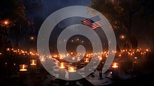 A candlelight vigil on Veteran\'s Day, where a row of lit candles