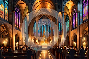 Candlelit Cathedral Interior During a Solemn Mass: Precisely Aligned Pews Filled with Devoted Attendees