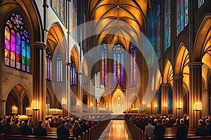 Candlelit Cathedral Interior During a Solemn Mass: Precisely Aligned Pews Filled with Devoted Attendees