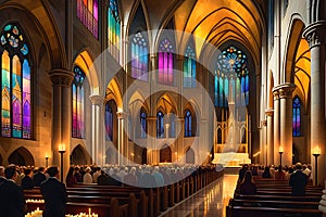 Candlelit Cathedral Interior During a Solemn Mass: Precisely Aligned Pews Filled with Devoted Attendees