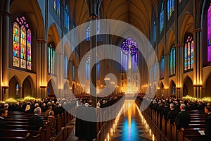 Candlelit Cathedral Interior During a Solemn Mass: Precisely Aligned Pews Filled with Devoted Attendees