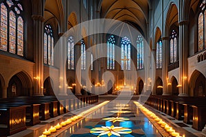 Candlelit Cathedral Interior During a Solemn Mass: Precisely Aligned Pews Filled with Devoted Attendees