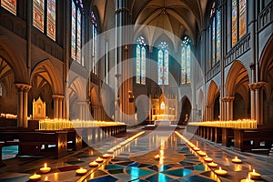 Candlelit Cathedral Interior During a Solemn Mass: Precisely Aligned Pews Filled with Devoted Attendees