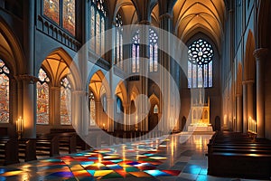 Candlelit Cathedral Interior During a Solemn Mass: Precisely Aligned Pews Filled with Devoted Attendees